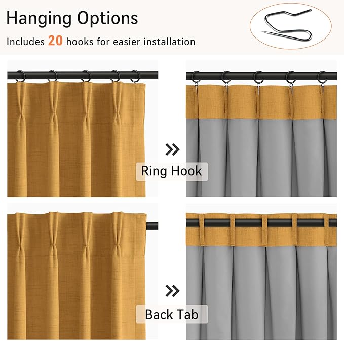 100% Blackout Shield Linen Look Textured Pinch Pleated Curtains Blackout Drapes 108 Inch Long 2 Panels Set, Faux Linen Blackout Curtains for Bedroom & Living Room, 40" W x 108" L, Mustard Yellow