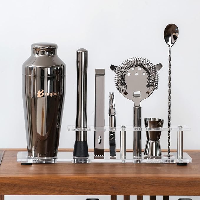 Cocktail Shaker Set with Arcylic Stand, Mixology Bartender Kit for Drink Mixing | Mixology Set with 7 Bar Set Tools Cocktail Kit (Black)
