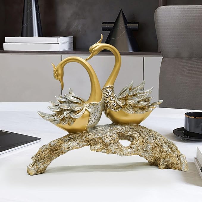 14.2" Gold Couple Swan Decor Figurine Modern Simulation Animal Sculpture Art Ornament Home Table Statue