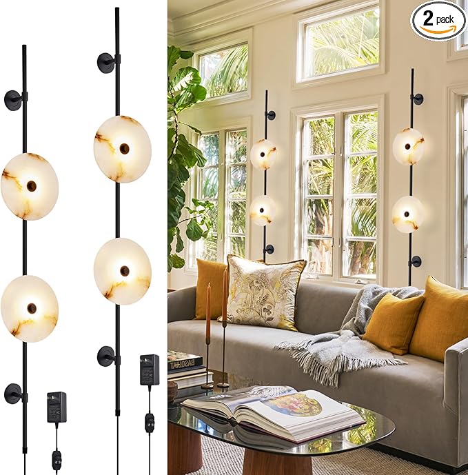 Alabaster Wall Sconce, 8W Round Natural Marble Set of Two, Plug in Wall Sconce Lamp Cord with Knob Dimmer Switch, Indoor LED Modern Wall Lamp for Bedroom, Stairs, Living Room, Bedside, Hallway