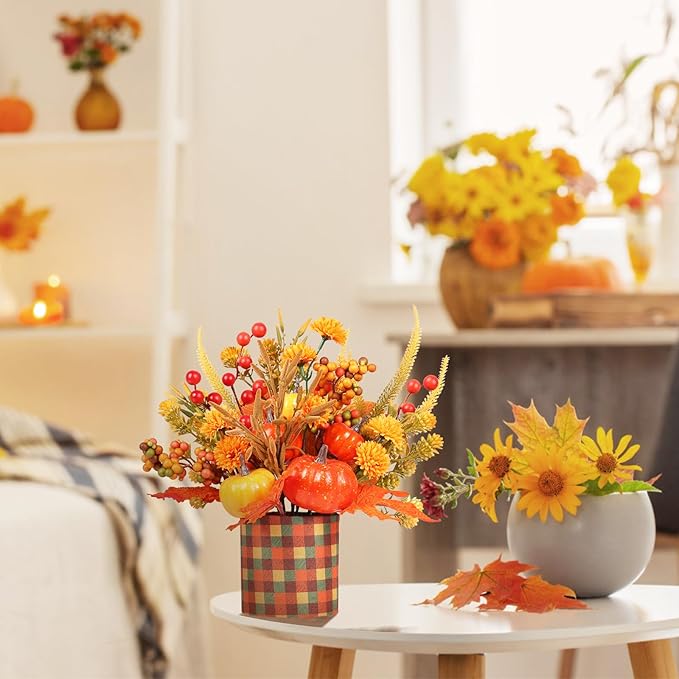 Super Holiday Fall Decor, 12" Artificial Orange Pumpkin Berry Maple Tree Halloween Thanksgiving Table Centerpieces Decorations, for Home Farmhouse Autumn Harvest Holiday Party Decor.