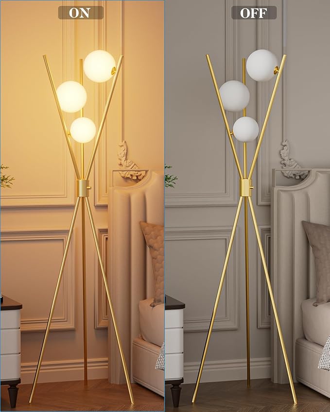 Lightdot Tripod Floor Lamp Stepless Dimmable Globe Modern Floor Lamp Gold Standing Lamps with 3PCS 3000K G9 Bulbs Stable Base Mid Century Modern Floor Lamps for Living Room