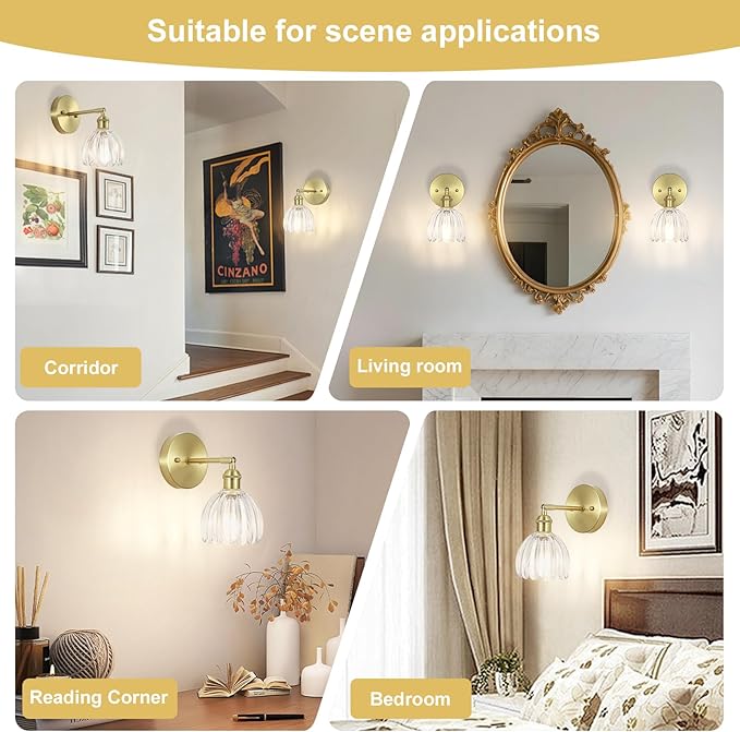 Vintage Wall Sconces Set of Two,Hardwired Wall Lights with Clear Tulip Glass Lampshade,Gold Wall Lamps for Bedroom Bedside Stairway Bathroom Living Room(Bulbs Not Included)