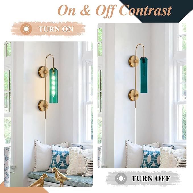 BOKT Modern Gold Plug in Wall Sconce Green Glass Bedside Wall Light Fixtures Plug in Cord Mid Century Long Metal Wall Sconce Single Bathroom Bar Wall Lamp (Green)