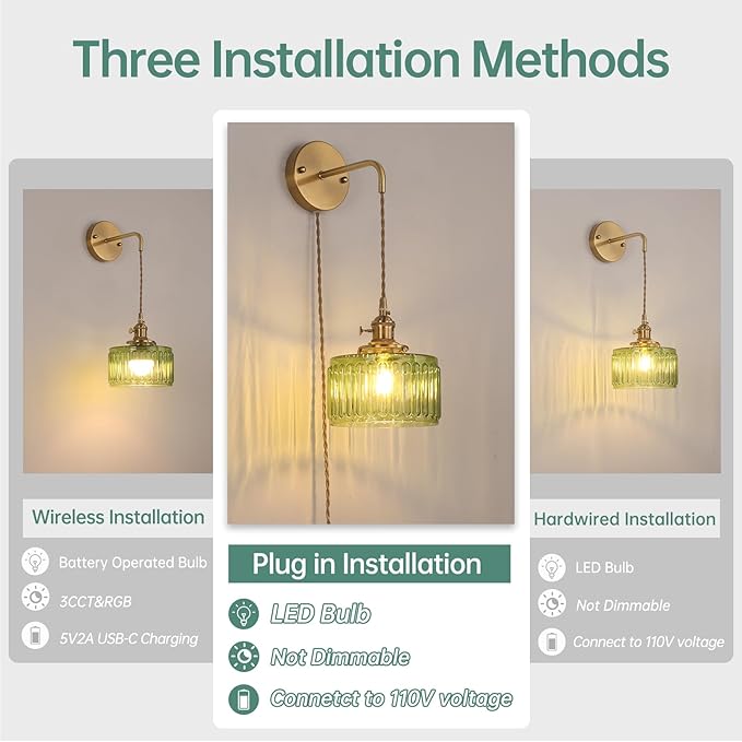 Vintage Wall Sconce Wall Lamp with Green Striped Glass Shade Hanging Wall Sconce with 4.9FT Plug in Cord, Modern Wall Lamp Fixtures Decor for Bedside Bedroom Indoor Doorway