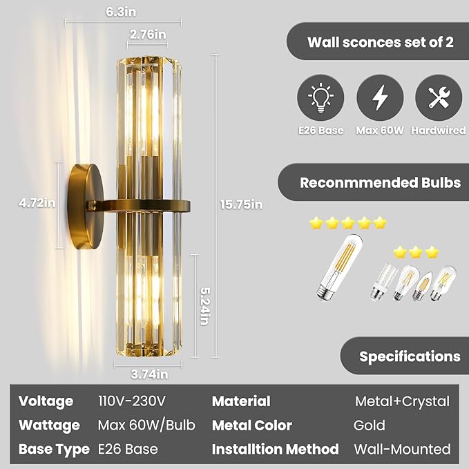 Crystal Wall Sconce Set of Two, Brushed Gold Bathroom Wall Light, Modern Sconces Wall Decor. 2-Light Luxury Indoor Wall Lamp 15.7-Inch for Living Room, Hallway, Mirror, Bathroom, Vanity. E26