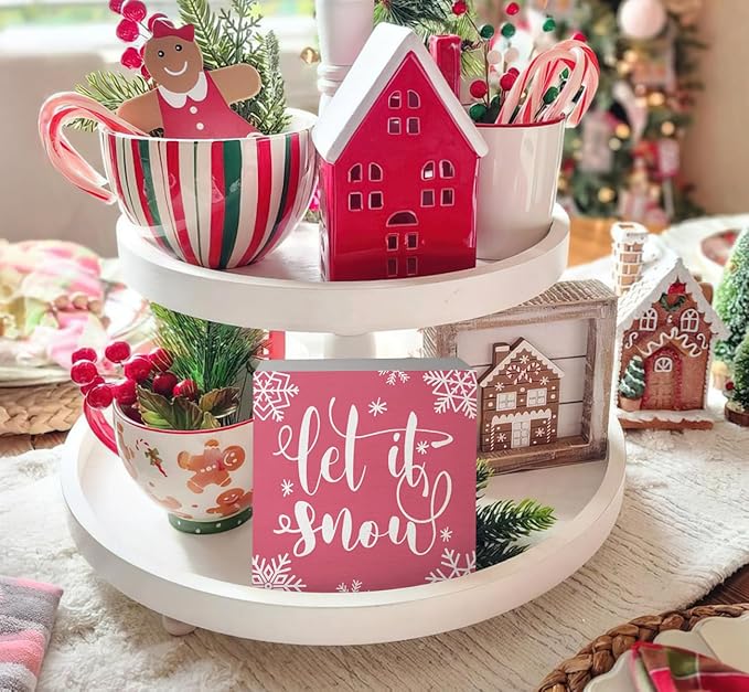 EIONEY Pink Christmas Decorations,Let it Sonw Wooden Box Sign,Pink Winter Christmas Desk Accessories Decor,Seasonal Winter Holiday for Home Bedroom Living Room Office,5x5 Inch