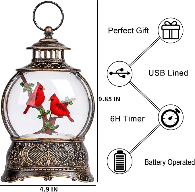 Christmas Snow Globe Lighted Cardinal Holly Scene, Musical Snow Water Lantern Swirling Glittering Home Decoration and Gift, Battery Operated or USB Powered