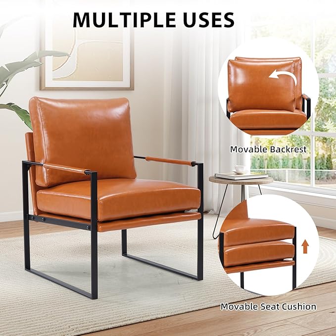 INZOY Mid Century Modern Accent Chair with Removable Cushions Set of 2, Comfy PU Leather Living Room Chairs with Thicker Backrest and Cushion, Metal Frame Design, Brown