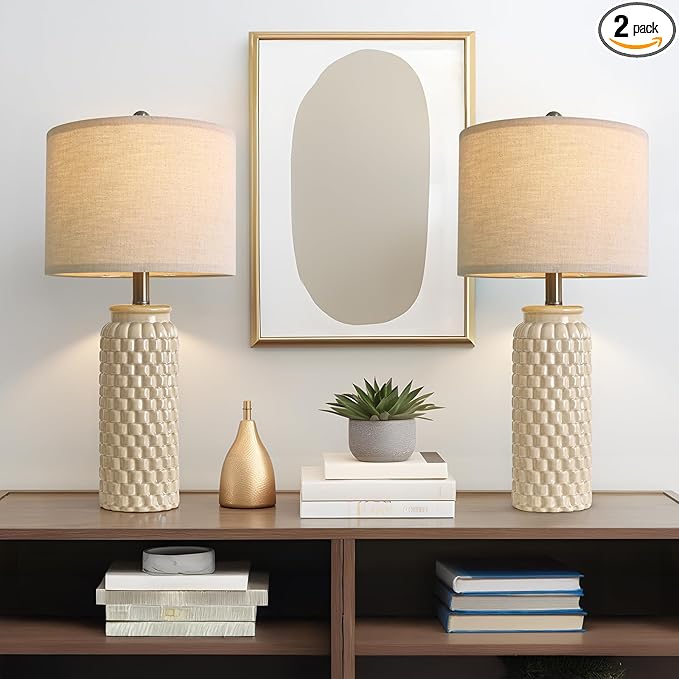 24" Modern Ceramic Bedside Lamp Set of 2 for Bedroom Decor Farmhouse Table Lamp for Living Room Office Dorm