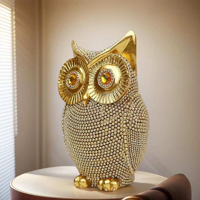 Golden Glitter Owl Statue - Cute Owl Sculpture for Home Art Decorations, Unique Gift Idea for Housewarming, Birthday, Christmas(6.5'')