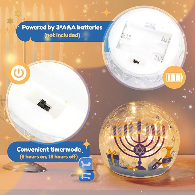 Nefelibata Hanukkah Decorations Chanukah Globe Lights Crackle Glass Ball with LED Lights and Timer Home Table Centerpiece Kitchen Dinner Party Fireplace Decor Battery Operated Lamp Jewish Gifts 2PCS