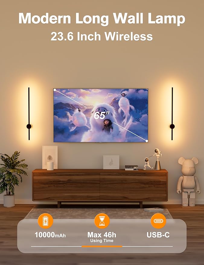Battery Operated Wall Sconces Set of 2,10000mAh Rechargeable Wireless Sconces with Remote Control,Halloween Decor Dimmable Wall Lamps with 7 Colors,23.6 Inch Modern Black Wall Lights