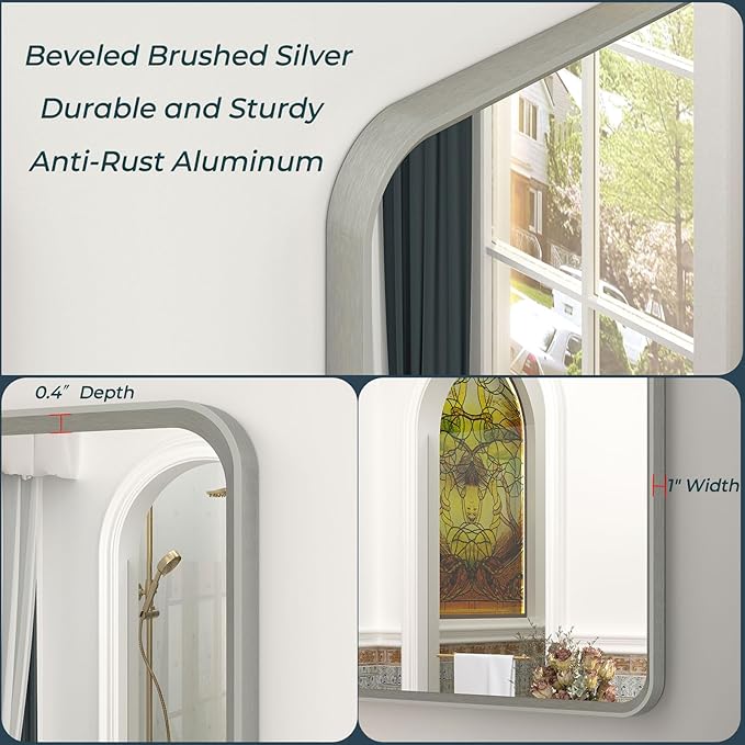 OKPAL 44 x 32 Brushed Nickel Bathroom Vanity Mirror, Large Rounded Rectangle Bathroom Mirrors for Over Sink, Metal Framed Silver Mirror for Wall, Shatterproof HD Tempered Glass(Horizontal/Vertical)