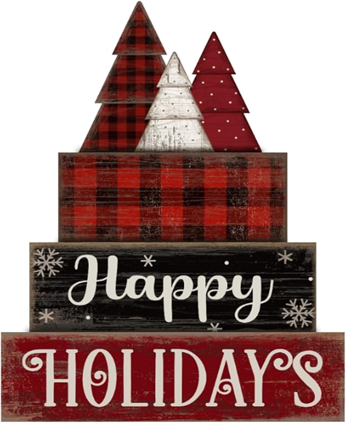 4 Pcs Christmas Table Decor Wooden Tree Decoration Christmas Centerpiece Winter Tiered Tray Decor Decorative Red and Black Buffalo Plaid Block Signs Gift Farmhouse Xmas Decoration for Kitchen
