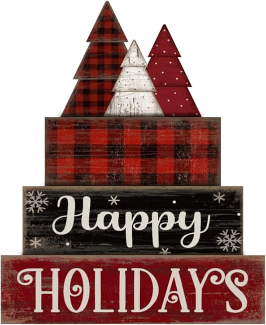 4 Pcs Christmas Table Decor Wooden Tree Decoration Christmas Centerpiece Winter Tiered Tray Decor Decorative Red and Black Buffalo Plaid Block Signs Gift Farmhouse Xmas Decoration for Kitchen