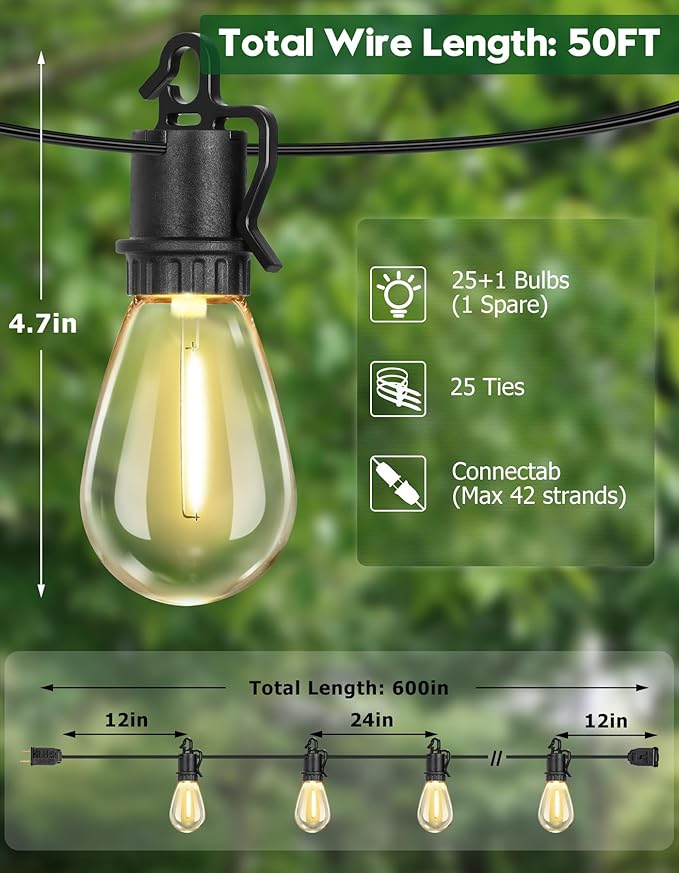 50FT Outdoor String Lights with 25 Shatterproof S14 Vintage Edison Bulbs E12 Sockets,2700K Dimmable Outdoor Lights,IP55 Waterproof LED String Lights for Outside, Patio, Garden, Backyard,Bistro