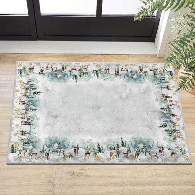Artoid Mode Deer Snowflakes Pine Tree Christmas Door Mat, Xmas Winter Home Decor Low-Profile Non-Slip Washable Area Rug for Kitchen Entryway Bedroom Bathroom Laundry Room Indoor 2x3 Feet