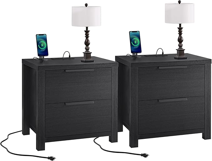 21" Farmhouse Nightstand Set of 2 with Charging Station 2 Drawers Large End Table with Metal Handle Rustic Low Night Stand Wood Dresser for Living Room Bedroom Closet,Black
