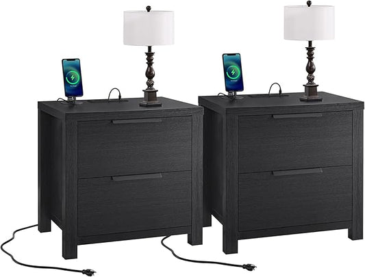 21" Farmhouse Nightstand Set of 2 with Charging Station 2 Drawers Large End Table with Metal Handle Rustic Low Night Stand Wood Dresser for Living Room Bedroom Closet,Black