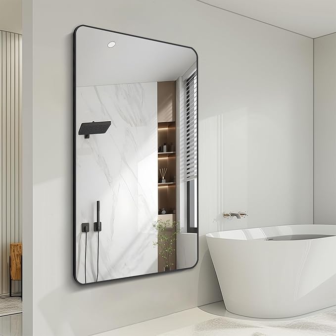 FORBATH Large Bathroom Mirror 36 x 55 Inches,Black Large Wall Mirror Aluminum Frame Wall Mounted Rounded Corner Morndern Mirror for Bathroom Bedroom Entryway Living Room