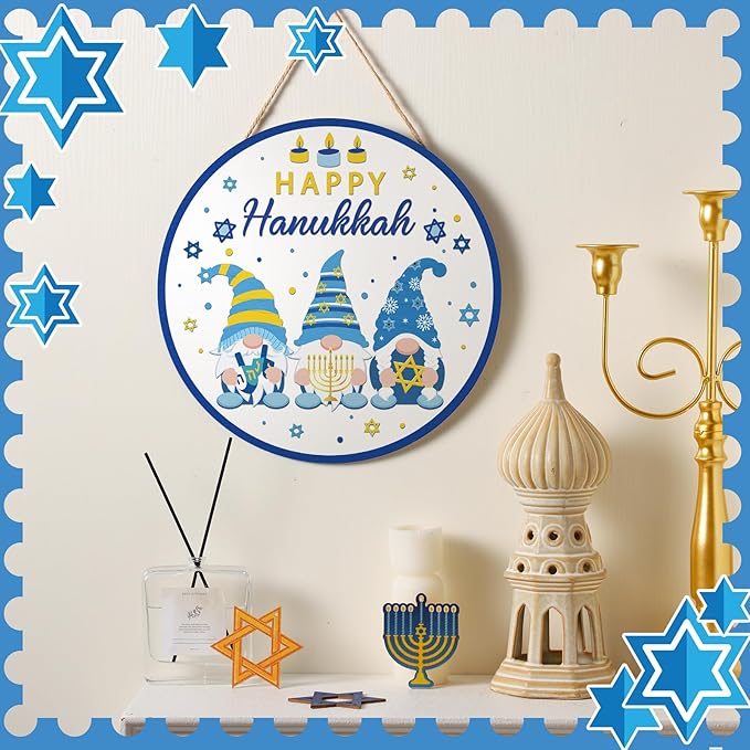 3 Pcs Hanukkah Front Door Sign Round Hanukkah Hanging Ornaments Hanging Wooden Plaque Decoration Chanukah Party Wall Sign Hanger for Farmhouse Home Livingroom Birthday Party Supplies