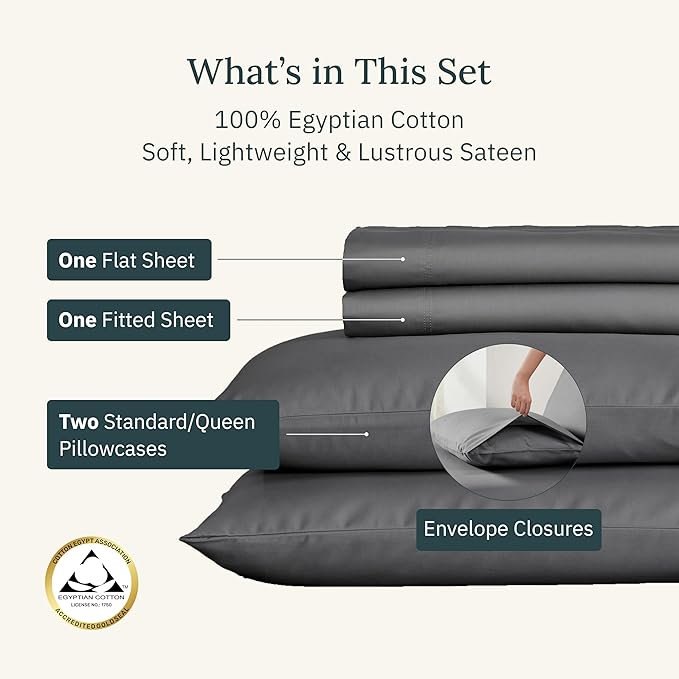 California Design Den Certified Luxury 100% Egyptian Cotton Bed Sheets Full, Deep Pocket Full Size Sheets Set, Soft and Breathable Sateen, Luxury Cotton Sheets (Grey, Full)