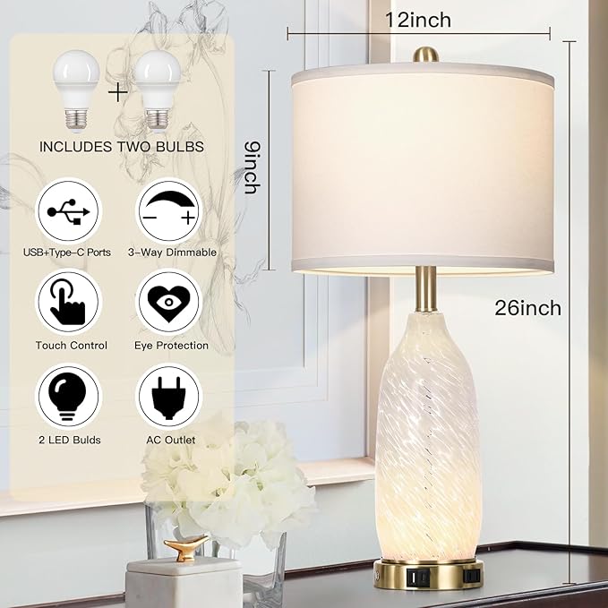 26" Modern Clear Glass Table Lamps Set of 2,Nightstand Lamp with USB A+C Ports & AC Outlet,Bedside Lamps with 3-Way Dimmable Touch Control Night Light for Bedroom Living Room(Bulbs Included)
