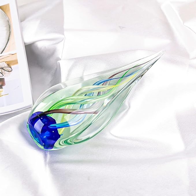 9" Tall Sculpture Hand Blown Glass Decor, Paperweight for Office Desk, Modern Glass Art Figurines Mediterranean Beach House Decor, Living Room Coffee Shelves Table Top Decoration (Aqua)