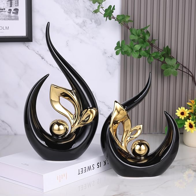 13" H Black Gold Abstract Sculptures Home Decor, Ceramic Art Statue Cool Stuff to Put on Shelves&tv Stand Decor, Gold Accent Entertainment Center, for Fireplace Coffee Table Dining Table Decorate