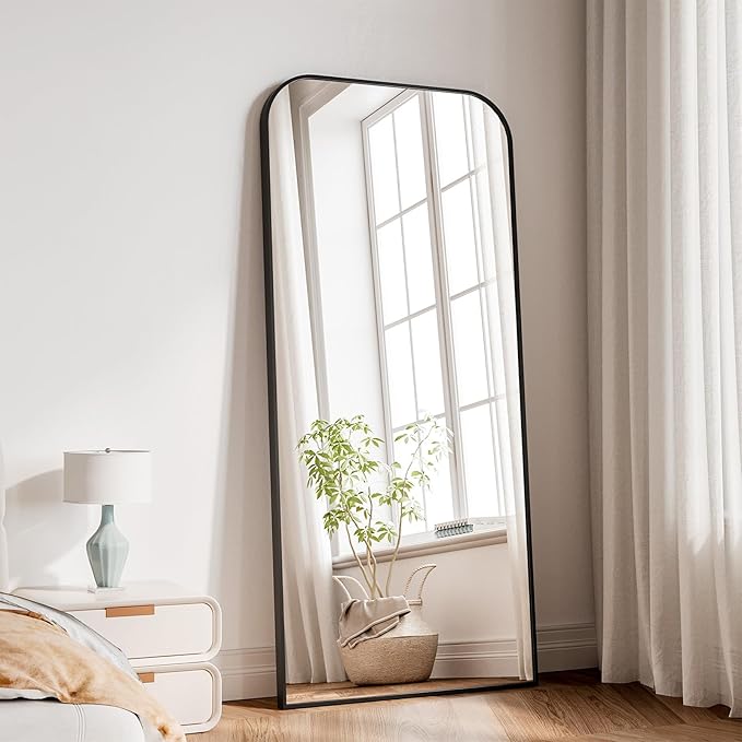 Koonmi Full Length Mirror, 65"x24" Mirror Full Length with Stand, Black Domed Top Square-Edged Floor Mirror with Aluminum Alloy Frame for Bedroom Living Room