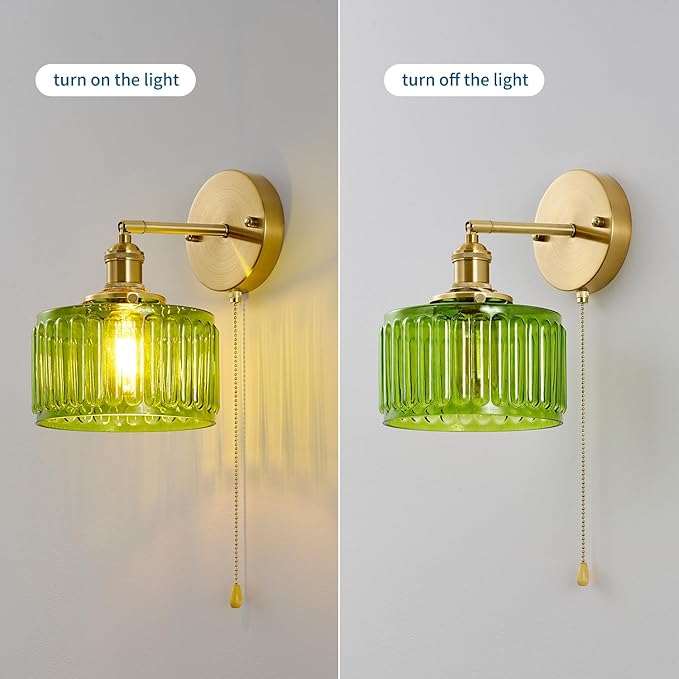 Vintage Wall Sconces with Pullswitch, 180 Degree Adjustable, Hradwired Modern Wall Lighting Fixture with Green Pumpkin Glass Lampshade for Bedroom Bedside Bathroom