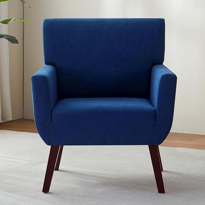 Upholstered Accent Chair,Mid Century Modern Office Fabric Small Living Room Chair with Arm,Comfy Wingback Armchair for Bedroom Reading Dark Blue