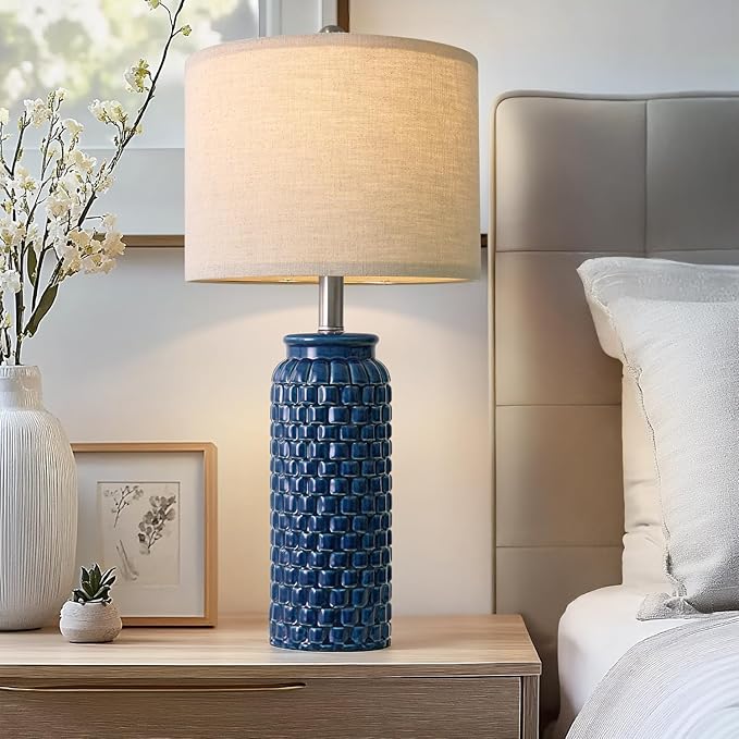 24 inches Modern Ceramic Dark Blue Bedside Lamp Set of 2 for Bedroom Decor Farmhouse Table Lamp for Living Room Office Dorm