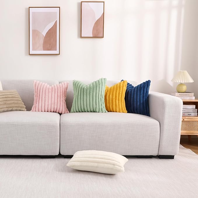 decorUhome Faux Fur Throw Pillow Covers 16x16 Set of 2, Decorative Soft Plush Striped Neutral Couch Euro Pillow Covers with Velvet Back for Sofa, Bed, Living Room Home Decor, Beige