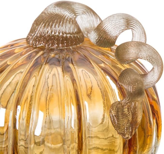Glitzhome Hand Blown Two-Tone Crackle Glass Pumpkin Elegant Table Accent Amber 4.72 Inch