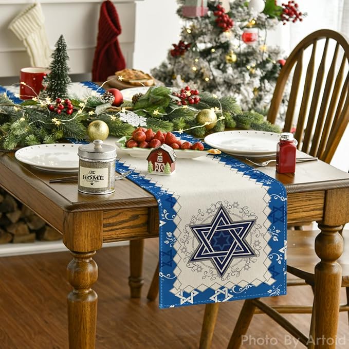Artoid Mode Hexagram Hanukkah Table Runner, Star of David Menorah Passover Chanukah Holiday Kitchen Dining Table Decoration for Indoor Outdoor Home Party Decor 13 x 108 Inch