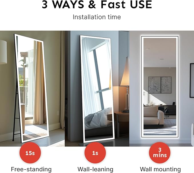 Kosmonia 58"x18" Full Length LED Mirror with Lights, 3 Color Modes & Dimmable Brightness, Wall Mount/Standing/Lean-On Floor Mirror for Bedroom, Vanity, Dressing Room