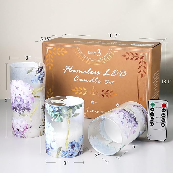Blue Violet Hydrangea Flameless Candles LED Flicker with Remote DIM Love Theme Summer Spring Decorative Glass Decor Wedding Date Proposal Dinner Table Home Gift for Lover