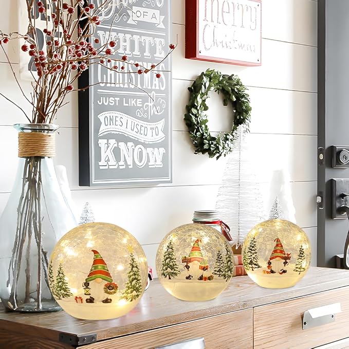 PHITRIC Christmas Decorations Indoor, 3 PCS Sparkling Christmas Gnomes Globes with LED Lights and Timer, Xmas Table Decor Centerpieces Crackle Glass Ball for Fireplace, Home, Tabletop, Mantel, Shelf