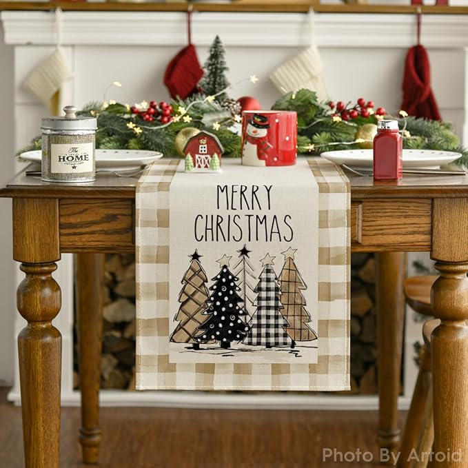 Artoid Mode Watercolor Brown Buffalo Plaid Christmas Trees Merry Xmas Table Runner, Seasonal Winter Holiday Kitchen Dining Table Decoration for Home Party Decor 13 x 72 Inch