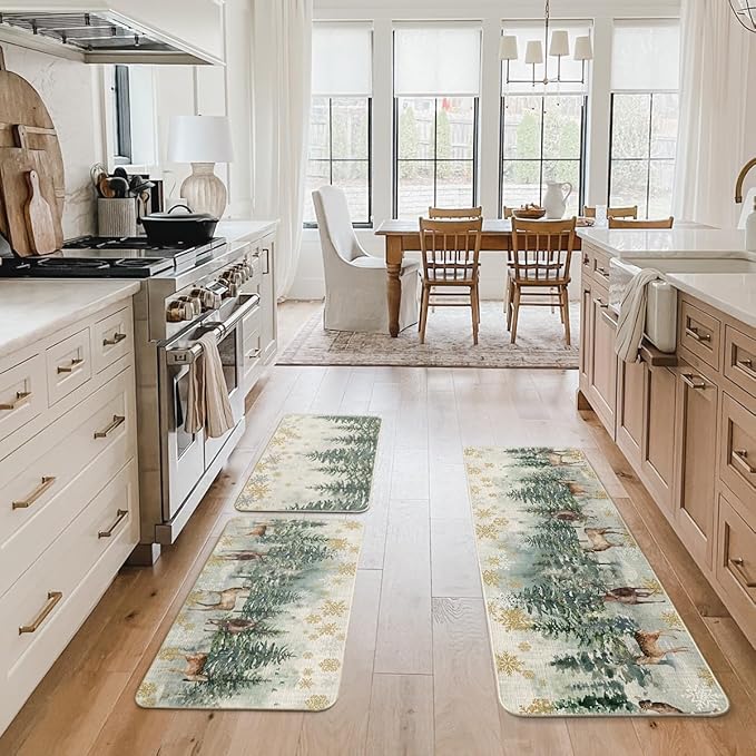 Artoid Mode Xmas Trees Deer Snowflakes Christmas Kitchen Mats Set of 2, Winter Home Decor Low-Profile Kitchen Rugs - 17"x29"+17"x36"+17"x47"