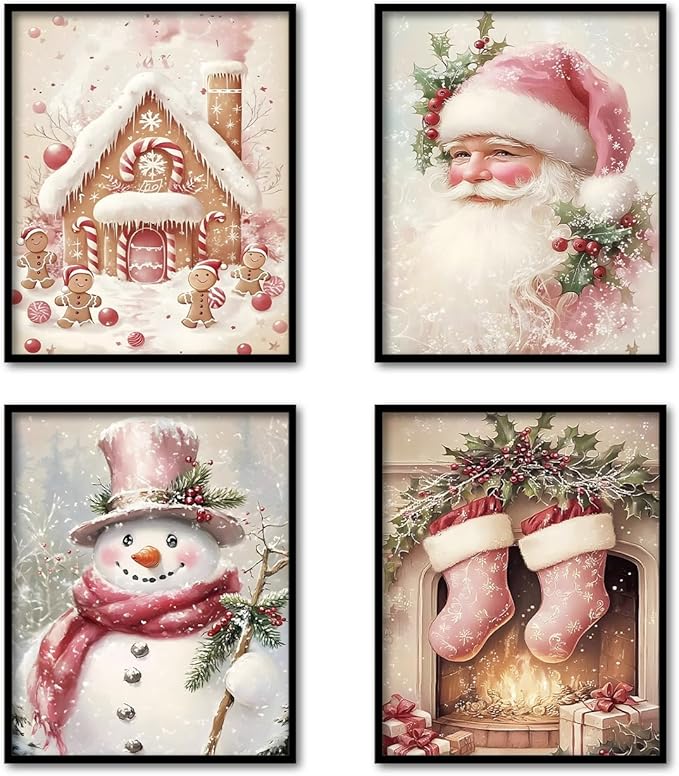 TFKFJLF Pink Vintage Christmas Santa Claus Wall Art Poster Decor, Retro Christmas Snowman Decor Wall Art, Vacation Decorations for Bedroom Bathroom Living Room Office, Unframed 8x10in Set of 4