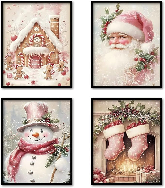 TFKFJLF Pink Vintage Christmas Santa Claus Wall Art Poster Decor, Retro Christmas Snowman Decor Wall Art, Vacation Decorations for Bedroom Bathroom Living Room Office, Unframed 8x10in Set of 4