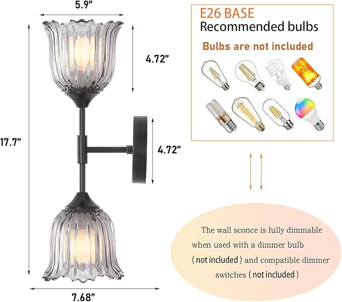 2-Lights Vintage Wall Sconce with Smoke Gray Glass Shades Mid Century Bathroom Vanity Wall Light Fixtures Industrial Matte Black Wall Lamp for Bedroom Mirror Living Room Restaurant