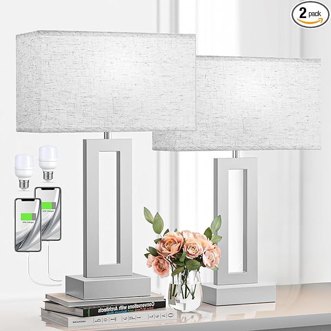Bedroom Table Lamps Set of 2 - Beige Silver Touch Bedside Lamps with USB C+A, 3 Way Dimmable Gold Lamp for Nightstand, Modern Night Stands Lamps for Living Room End Tables