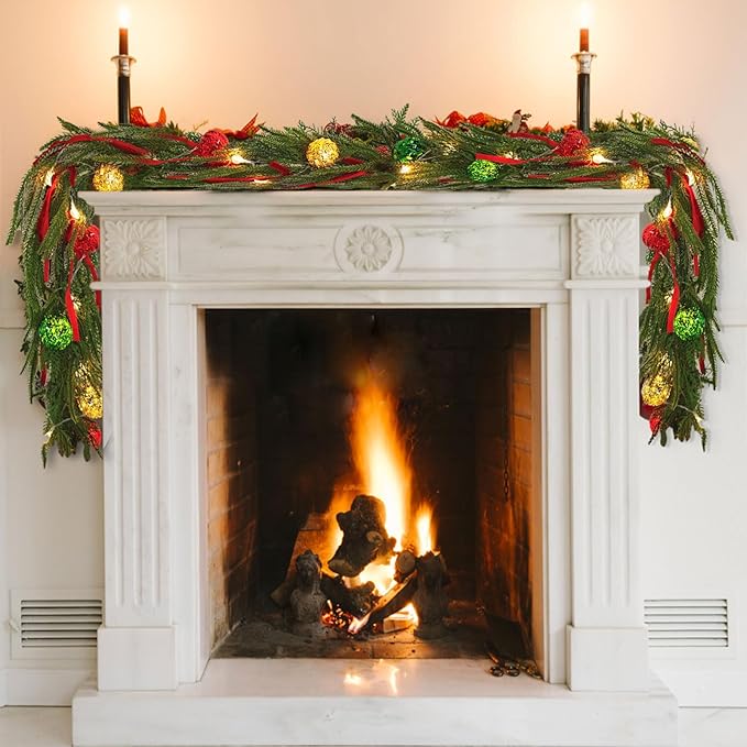 Christmas Garland with Lights for Mantle, 6 Ft Norfolk Pine Garland with 9 Christmas Bows and 2 LED Strings, Prelit Garland for Decoration Christmas, Table, Stairs, Indoor, Outdoor Decor