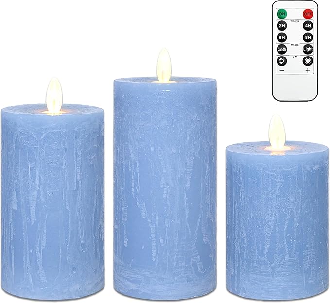 Rustic Blue Flameless Candles with Remote Control & Timer Function Real Wax Ocean Pillar LED Candles Rough Texture Design Battery Candles for Home Party Wedding Christmas Nautical Decor Set of 3