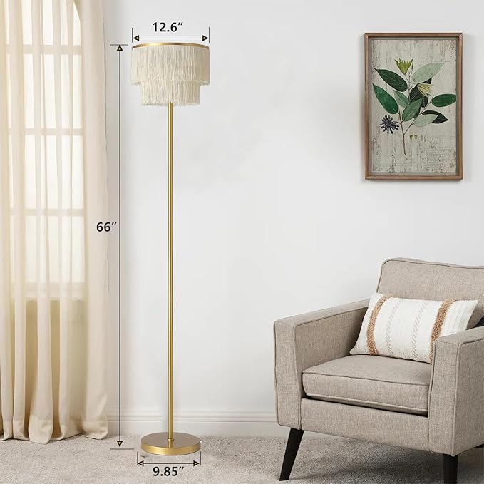 2 Light Gold Boho Floor Lamp with 2-Tier Tassels/Fringe Lampshade,66" Tall Mid Century Standing Bedroom Lamp,Soft Lighting Nursery Floor Lamp for Bedroom Livingroom