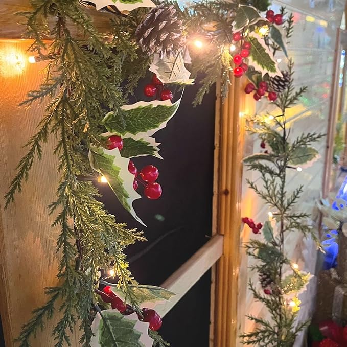 6ft 20 LED Christmas Garland with Holly Pines,Battery Operated Garland with Timer, Red Berry Garland with Lights for Indoor Mantle Fireplace Stair Home Holiday Decoration